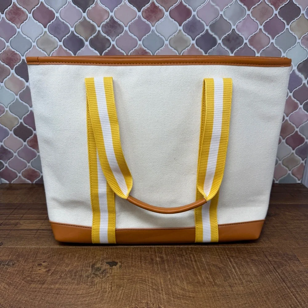 NWOT Striped Canvas XL‎ Tote Bag – Mustard Yellow & Cognac Faux Leather